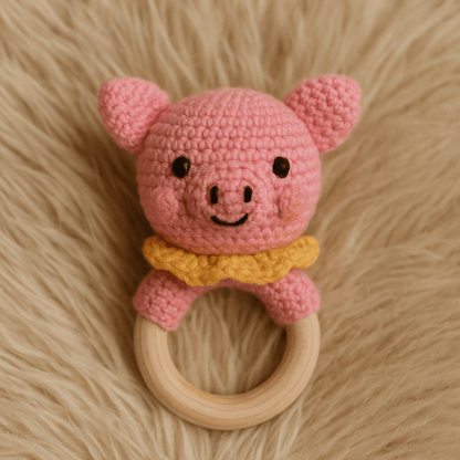 Sonaglio in crochet per neonati in legno naturale – Vari animali handmade - Sorelle Kreative