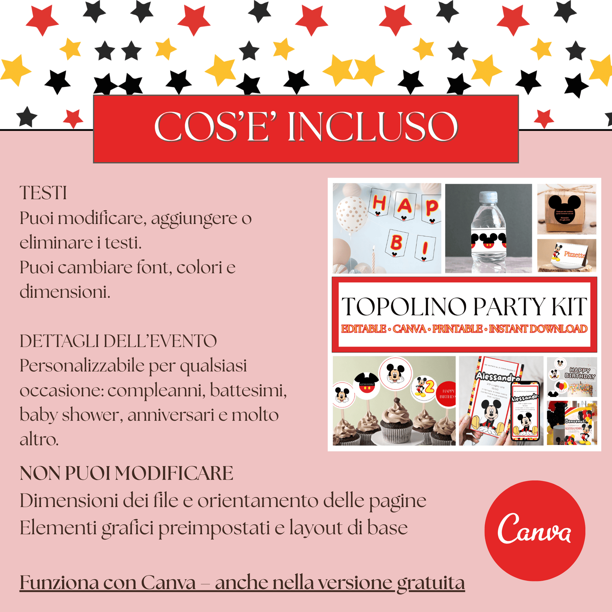 Kit Festa Topolino – Allestimento Completo da Stampare | Template Canva Modificabile (Inviti + Banner + Topper) - Sorelle Kreative