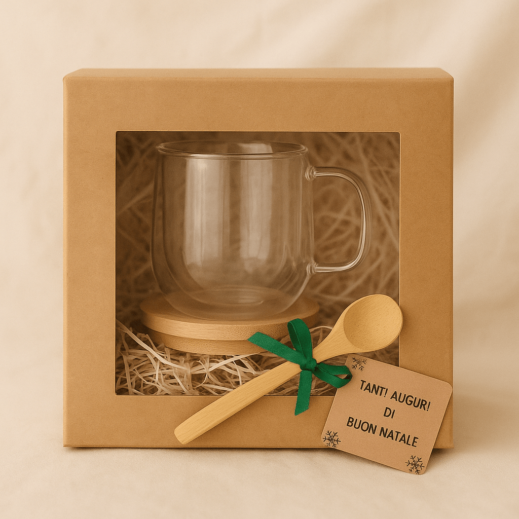 Tazza in Vetro con Sottotazza e Cucchiaino – Idea Regalo Natalizia in Box - Sorelle Kreative