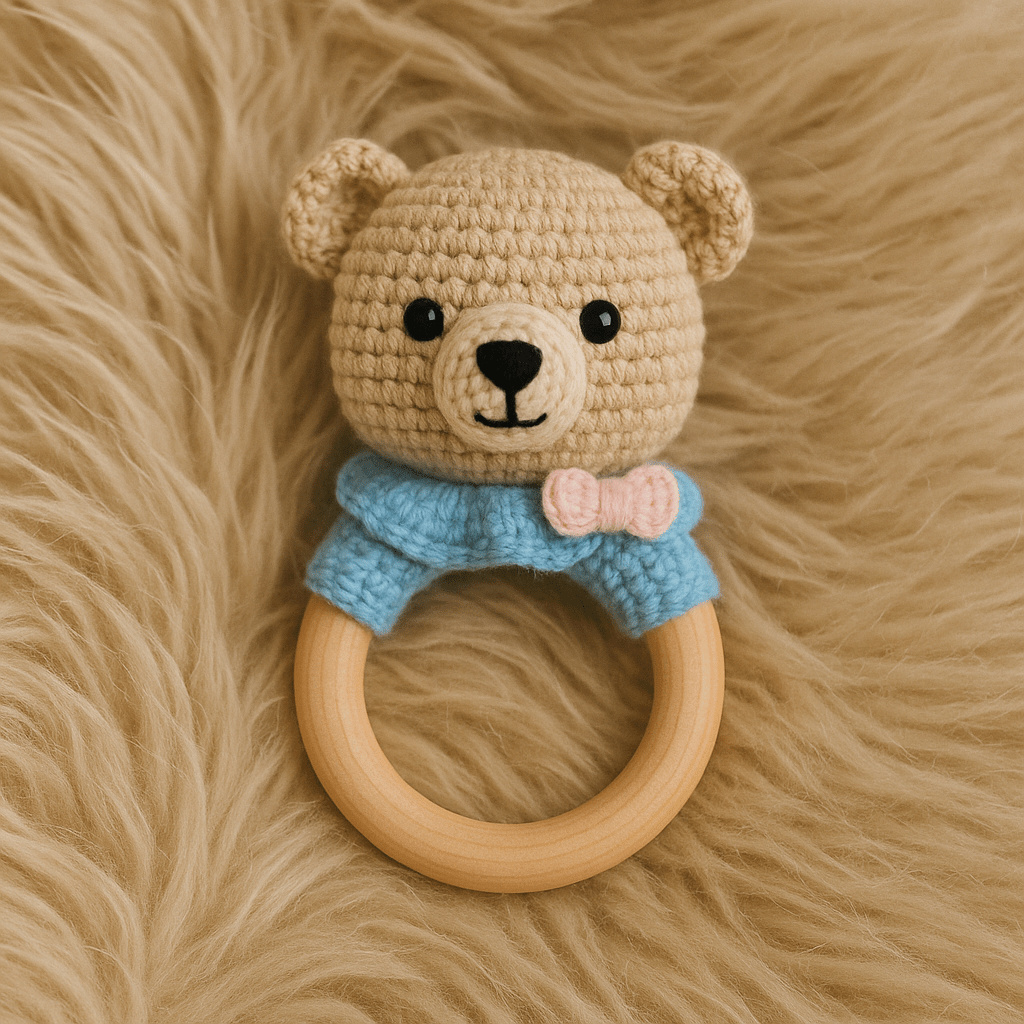 Sonaglio in crochet per neonati in legno naturale – Vari animali handmade - Sorelle Kreative