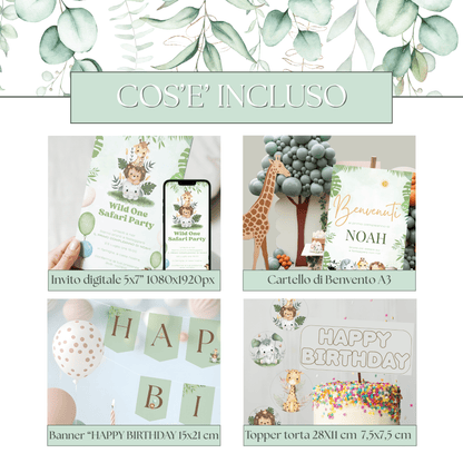 Kit Festa Safari da Stampare – Compleanno Bambino – Tema Wild One – Modificabile con Canva – Invito + Decorazioni + Banner + Topper - Sorelle Kreative