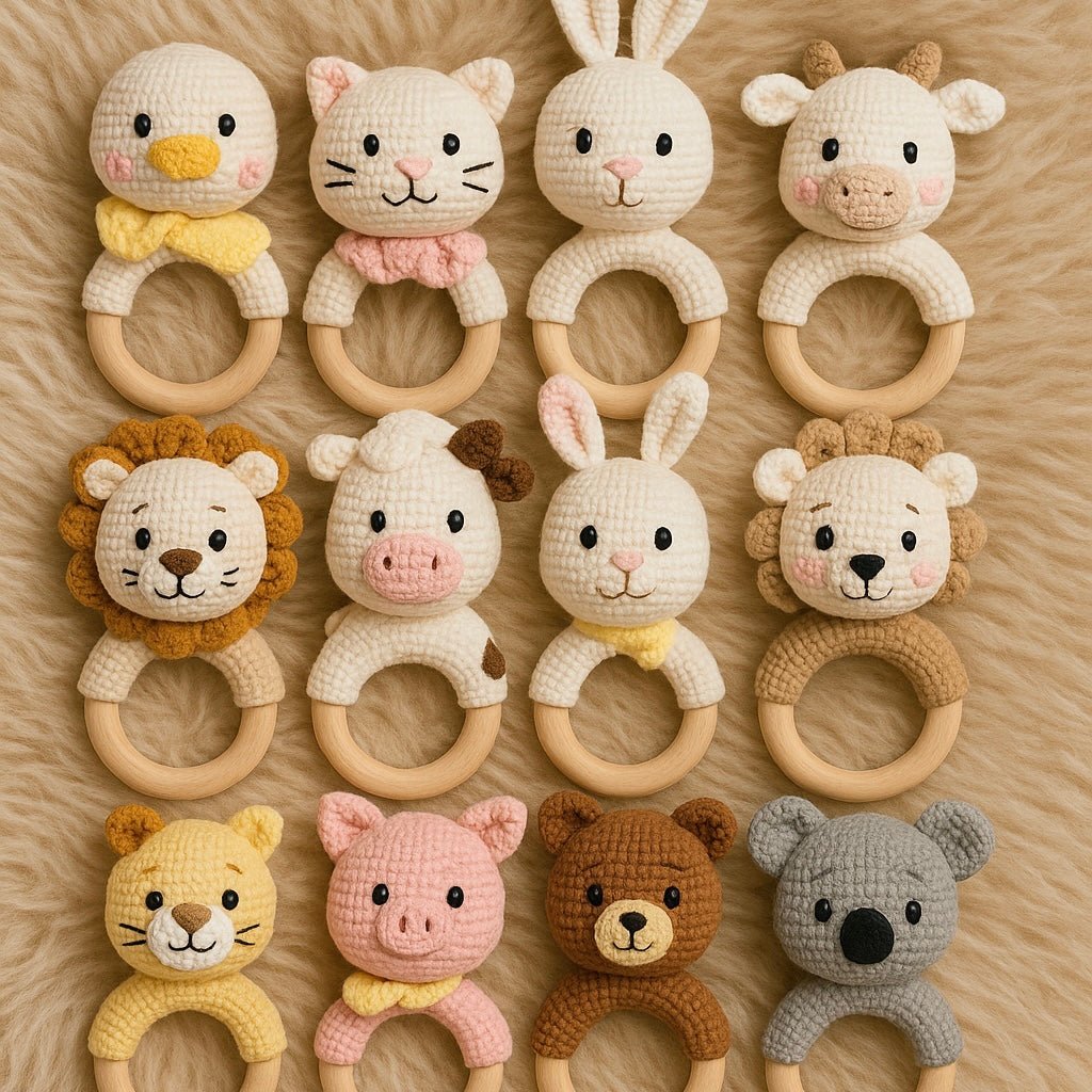 Sonaglio in crochet per neonati in legno naturale – Vari animali handmade - Sorelle Kreative