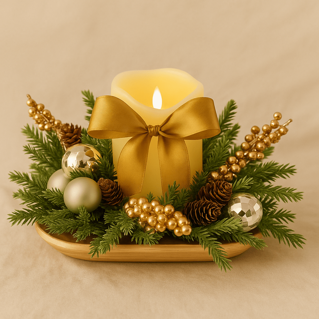 Centrotavola Natalizio con Candela LED – Decorazione Oro e Verde - Sorelle Kreative