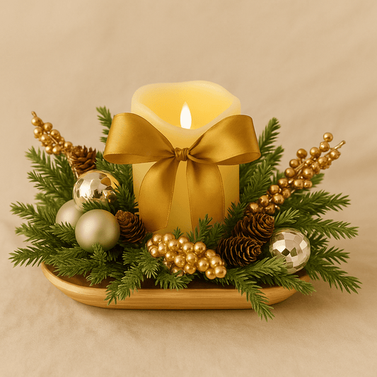 Centrotavola Natalizio con Candela LED – Decorazione Oro e Verde - Sorelle Kreative