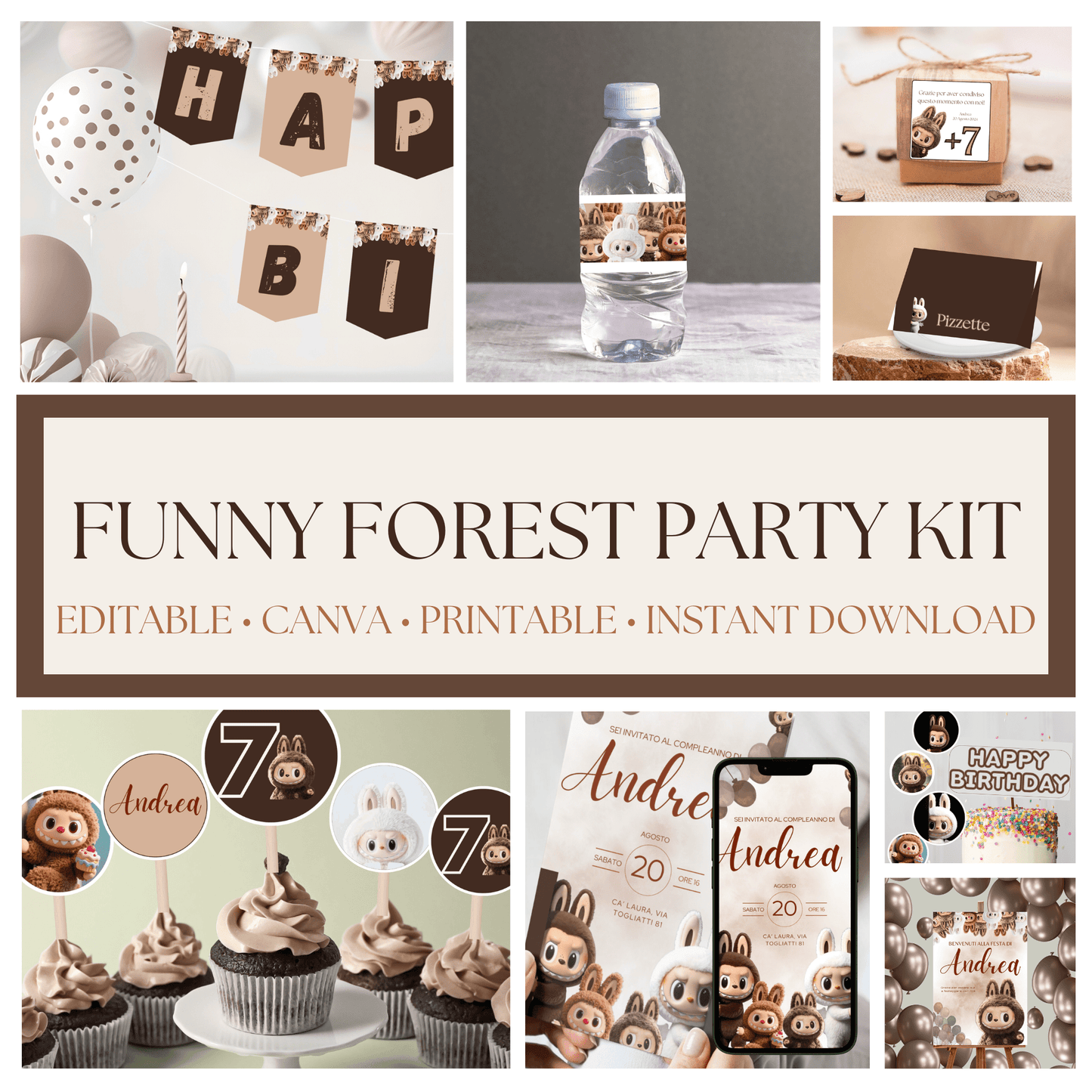 Kit Festa Funny Forest – Allestimento Completo da Stampare | Template Canva Modificabile (Inviti + Banner + Topper) - Sorelle Kreative