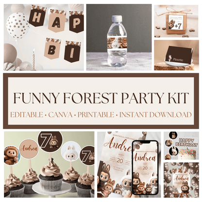 Kit Festa Funny Forest – Allestimento Completo da Stampare | Template Canva Modificabile (Inviti + Banner + Topper) - Sorelle Kreative