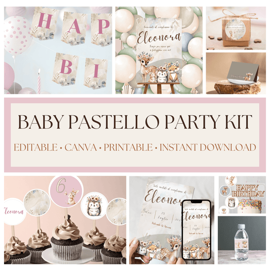 Kit Festa Baby Pastello – Allestimento Completo da Stampare | Template Canva Modificabile (Inviti + Banner + Topper) - Sorelle Kreative