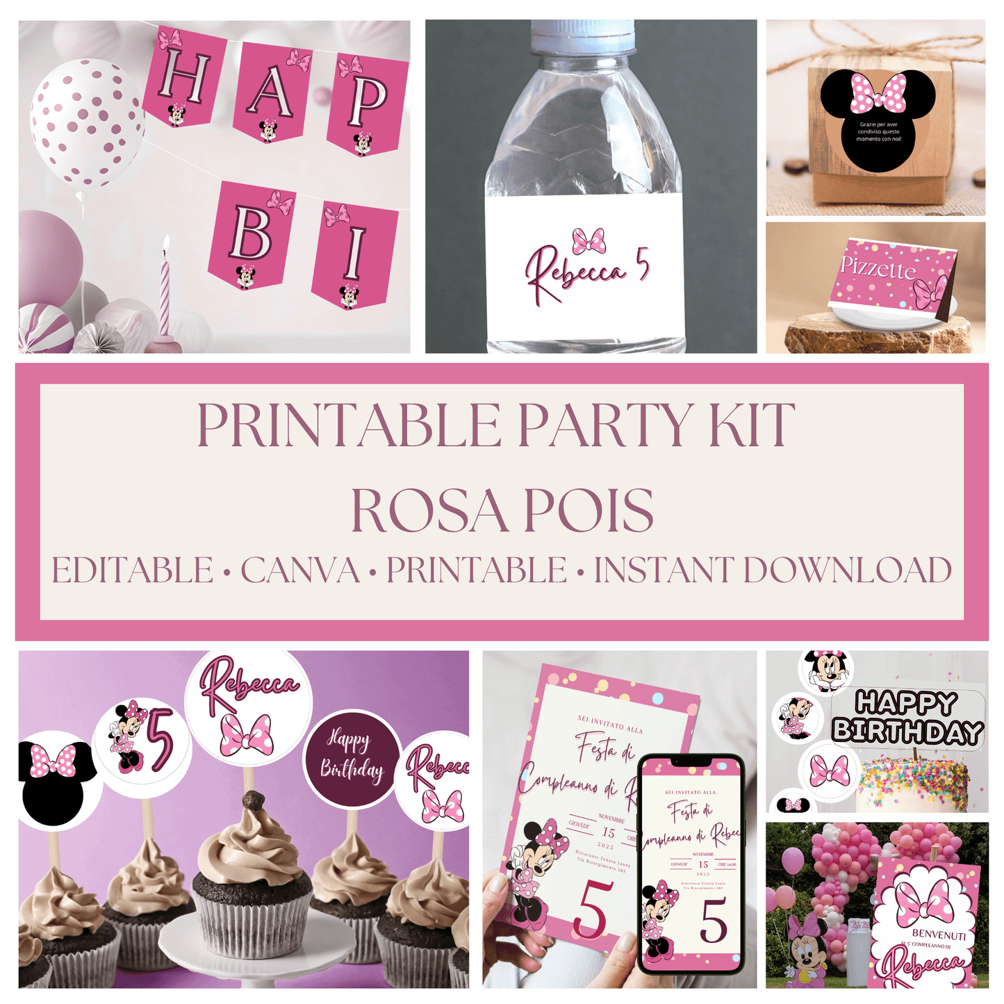 Kit Festa Minnie – Allestimento Completo da Stampare | Template Canva Modificabile (Inviti + Banner + Topper) - Sorelle Kreative