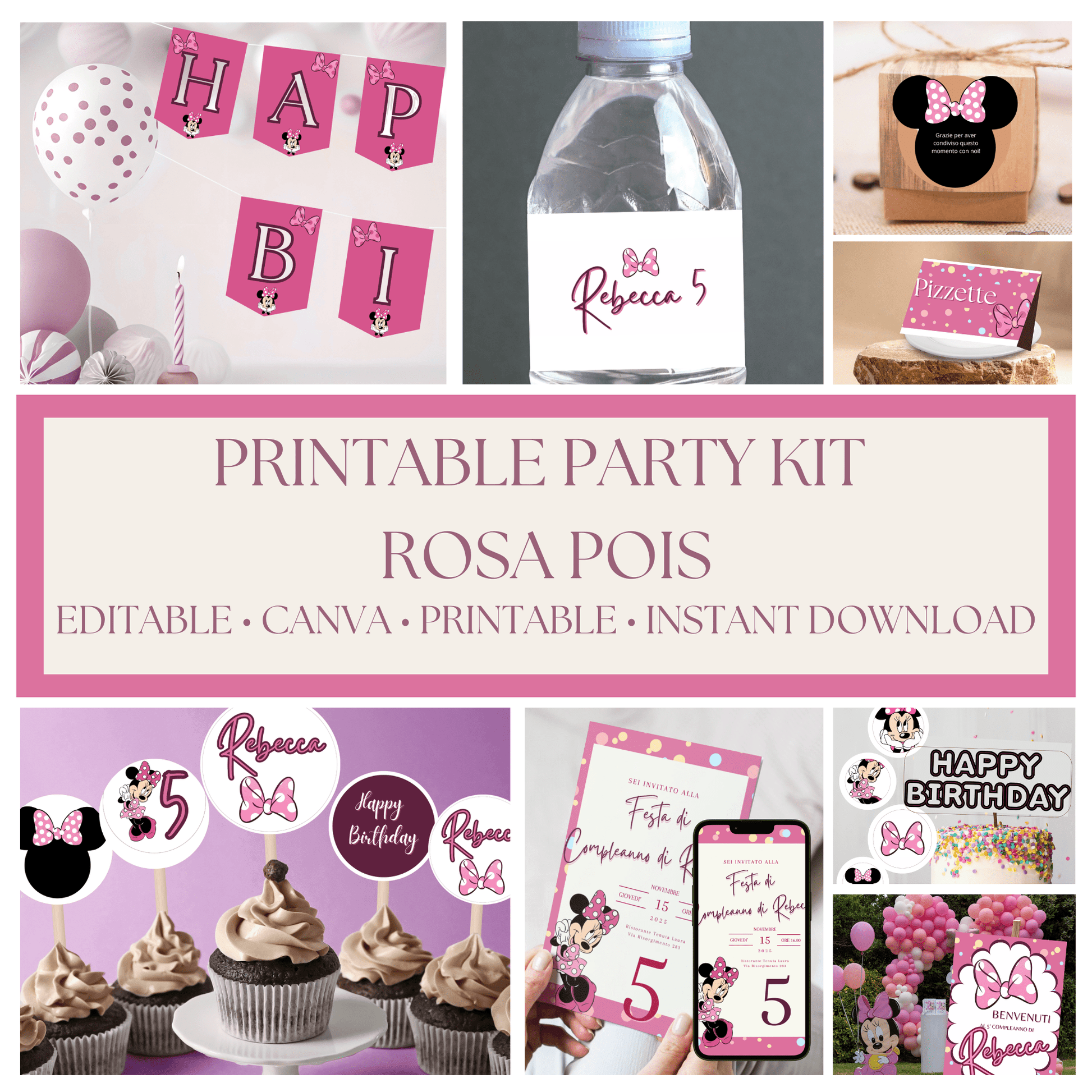 Kit Festa Minnie – Allestimento Completo da Stampare | Template Canva Modificabile (Inviti + Banner + Topper) - Sorelle Kreative