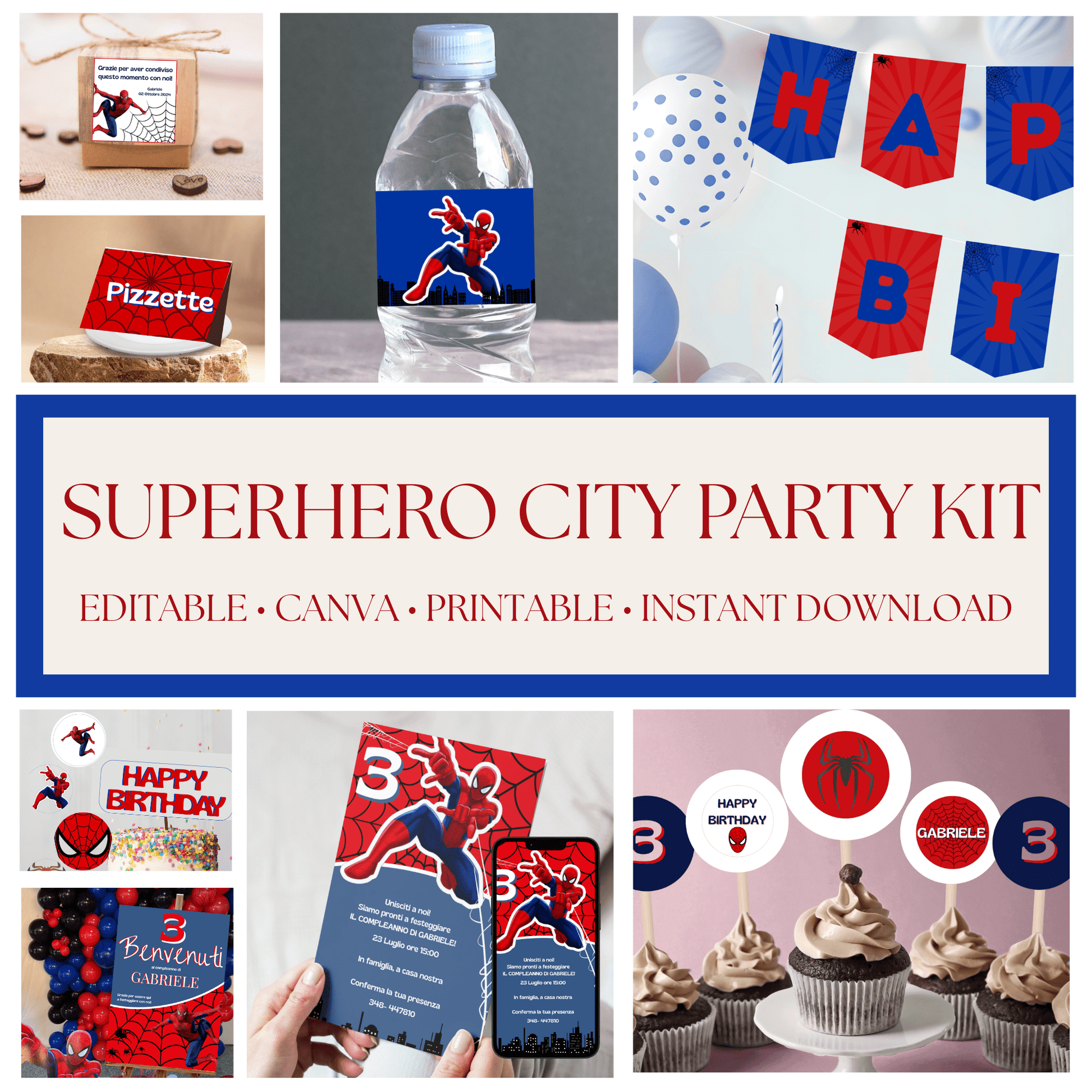Kit Festa Superhero City – Allestimento Completo da Stampare | Template Canva Modificabile (Inviti + Banner + Topper) - Sorelle Kreative
