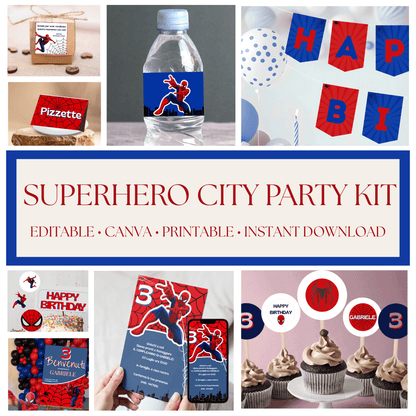 Kit Festa Superhero City – Allestimento Completo da Stampare | Template Canva Modificabile (Inviti + Banner + Topper) - Sorelle Kreative