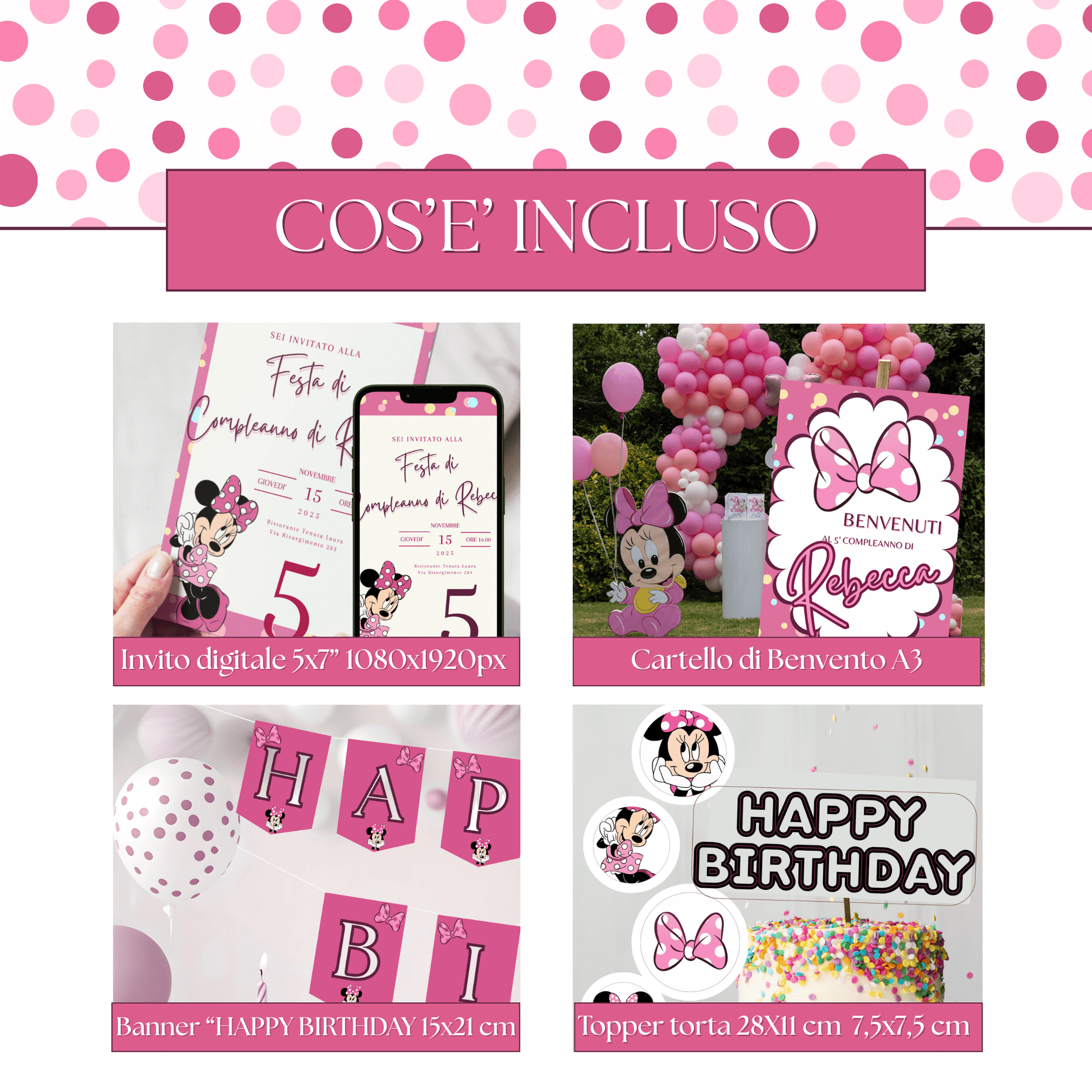 Kit Festa Minnie – Allestimento Completo da Stampare | Template Canva Modificabile (Inviti + Banner + Topper) - Sorelle Kreative