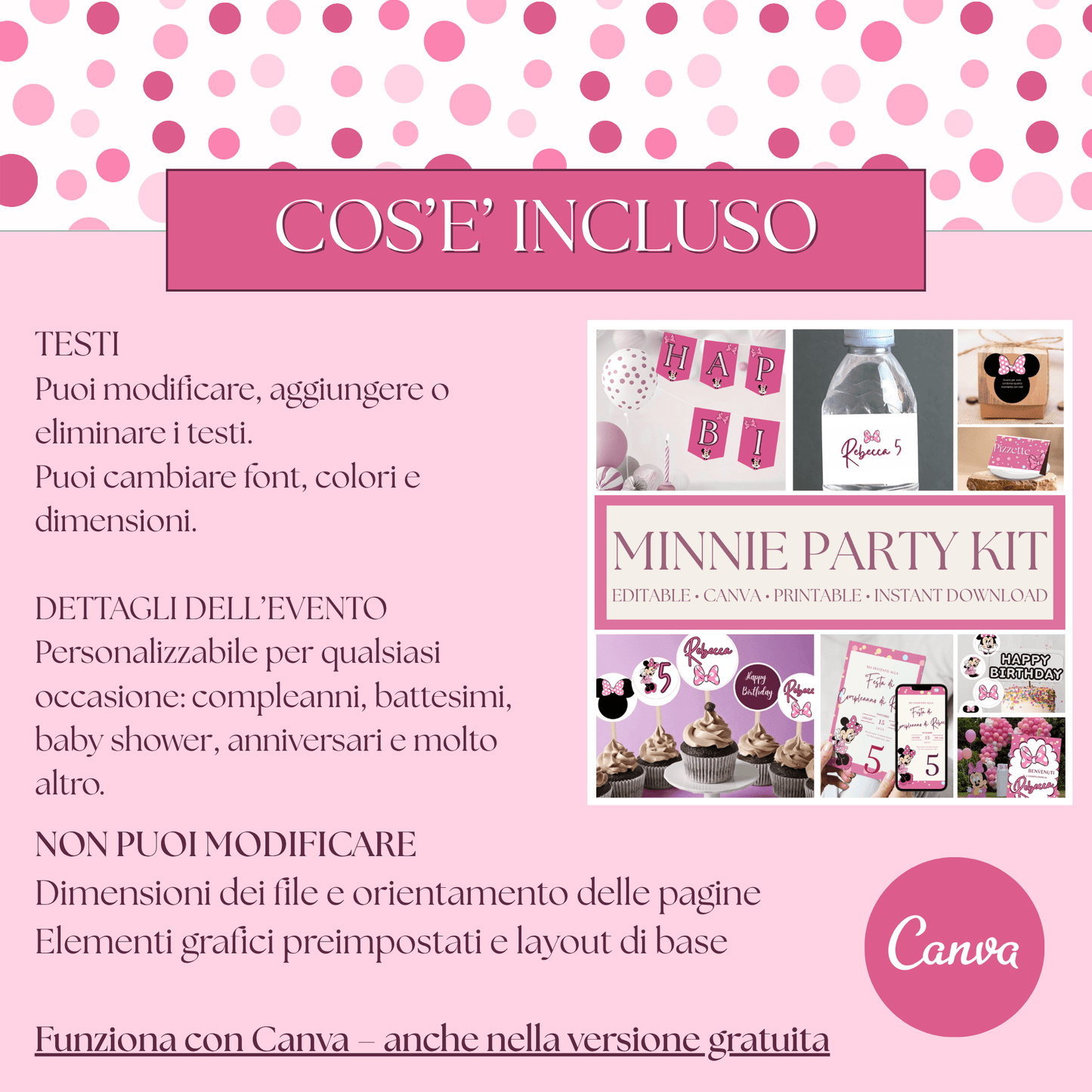 Kit Festa Minnie – Allestimento Completo da Stampare | Template Canva Modificabile (Inviti + Banner + Topper) - Sorelle Kreative