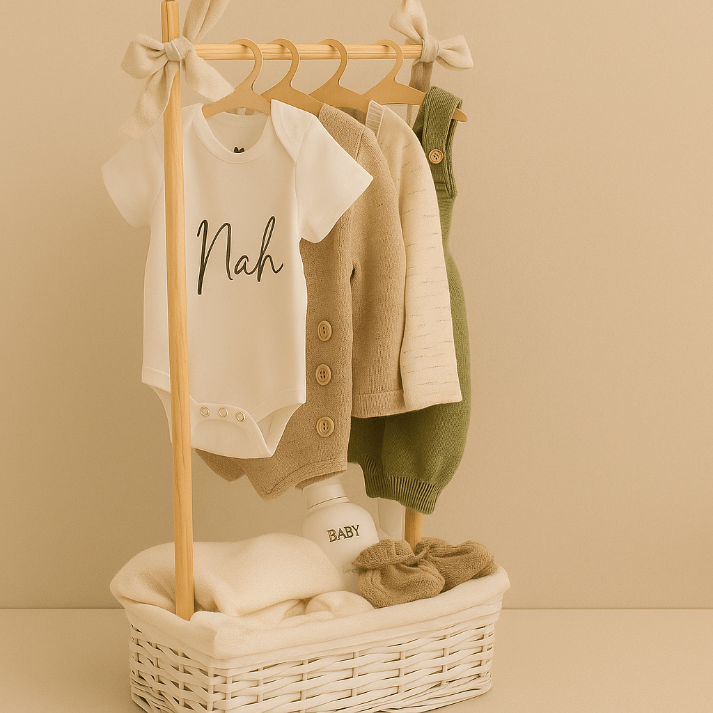 Cesta Nascita Personalizzata – Regalo Neonato con Body, Salopette, Accessori e Prodotti Naturali - Sorelle Kreative